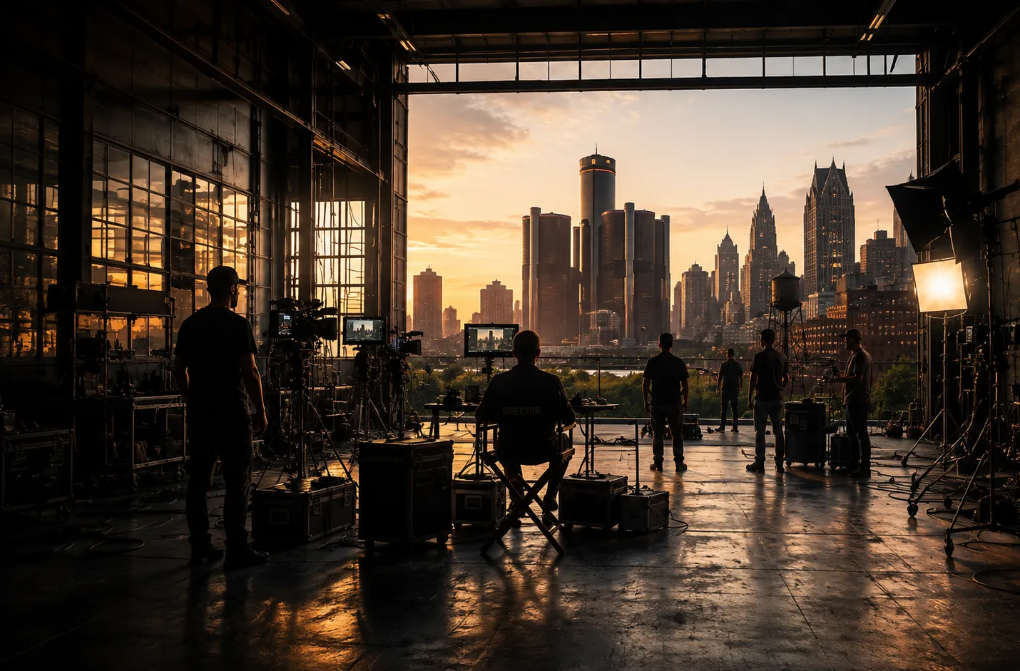 Sample filmmaker production environment — a crew and monitors on a Detroit sound stage at dusk