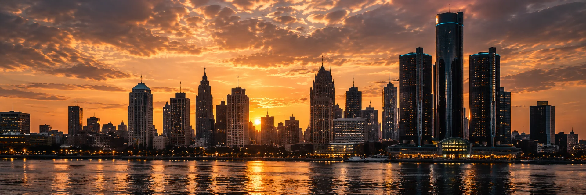 The Detroit skyline across the river at sunset.