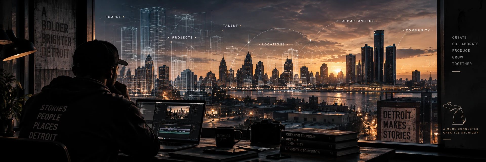 Concept artwork of a connected Detroit filmmaking ecosystem: a filmmaker editing at dusk, with illustrated links between people, projects, talent, locations and opportunities. An illustration, not a view of a live system.
