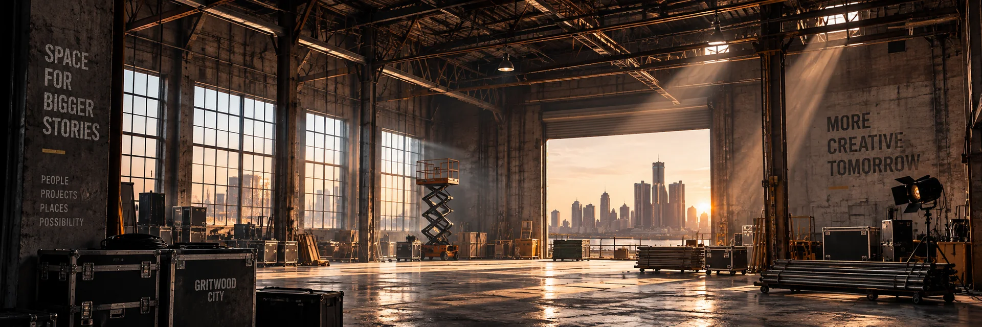 Concept artwork of a large production space, representing Gritwood City's long-term physical vision. Not an existing facility.