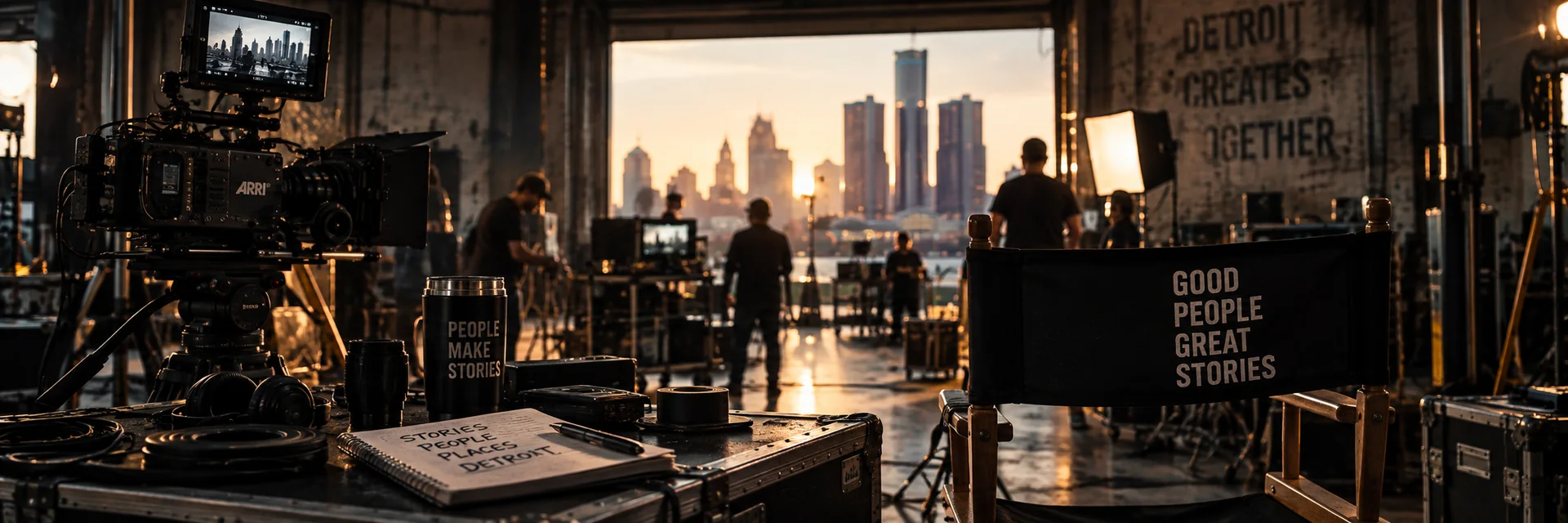 A film crew and production equipment at work in a Detroit studio, with the city skyline through the open bay door.